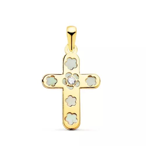 18K CRUZ ORO AMARILLO CON NACAR Y CIRCONITA 20 X 13 MM 0
