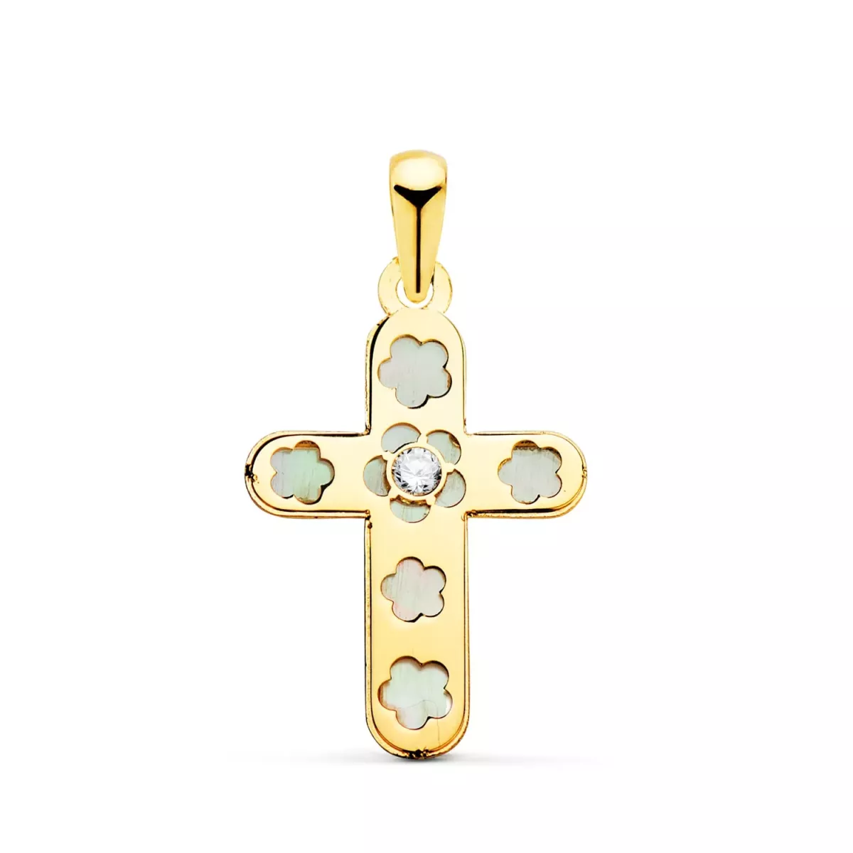 18K CRUZ ORO AMARILLO CON NACAR Y CIRCONITA 20 X 13 MM 0