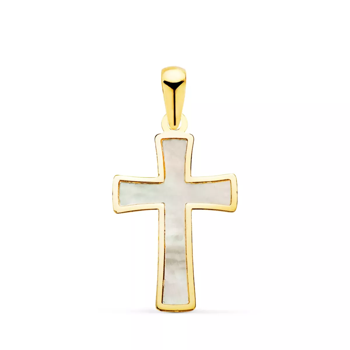 18K CRUZ ORO AMARILLO CON NACAR Y BORDE EN BRILLO. MEDIDA: 20 X 12 MM 0