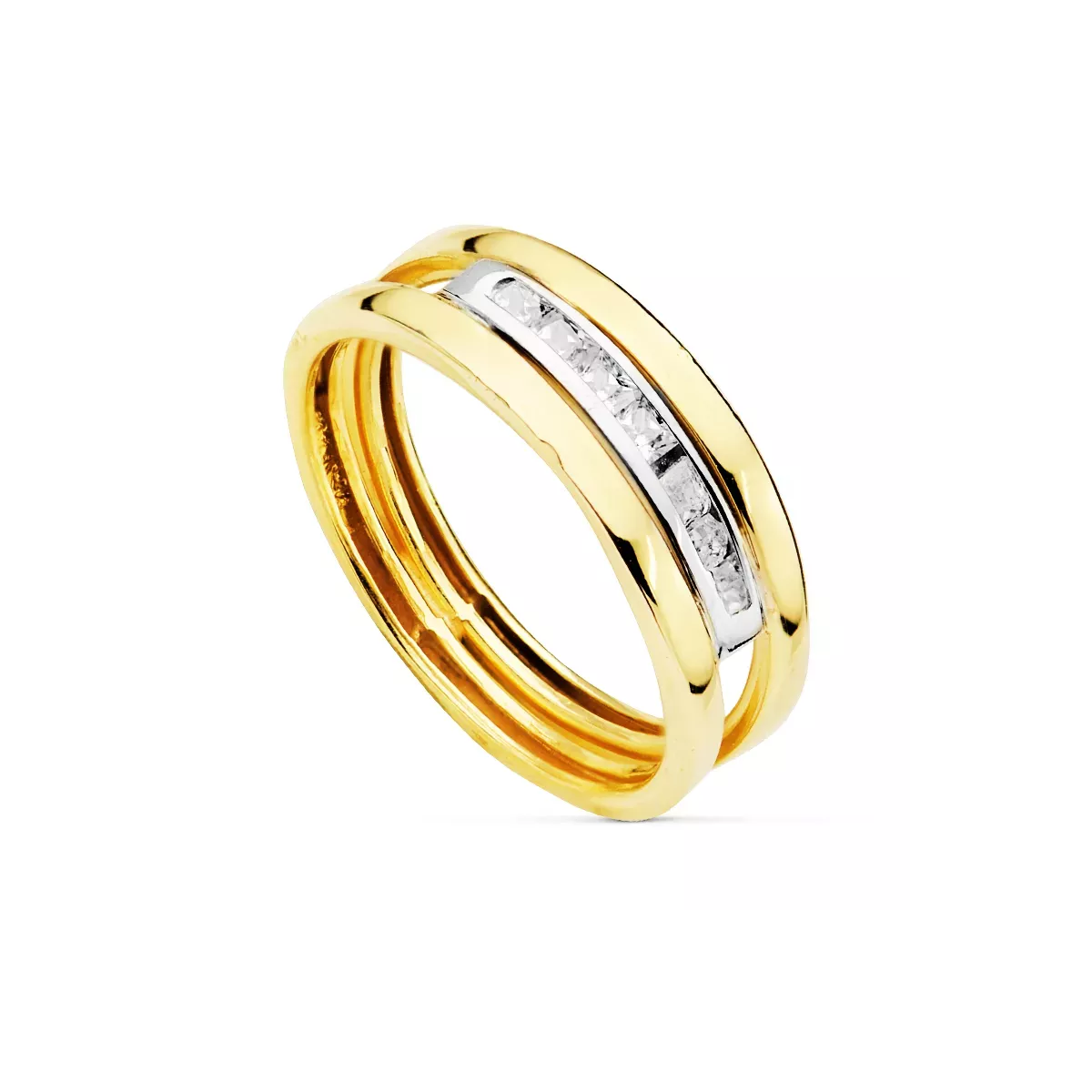 9K SORTIJA ORO BICOLOR DOBLE CUERPO BANDAS CON CIRCONITAS EN CARRIL. ANCHO: 6 MM 1