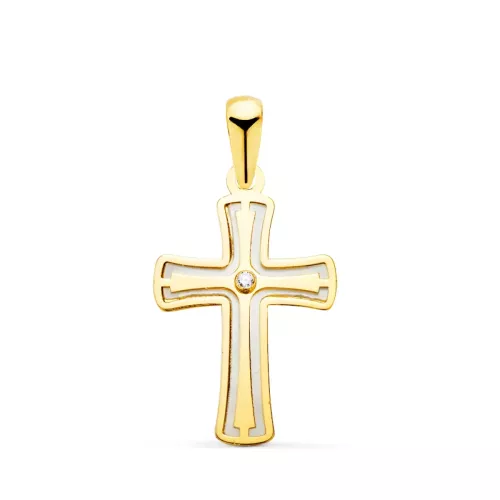 18K CRUZ ORO AMARILLO CON NACAR Y CIRCONITA 20 X 12 MM 0