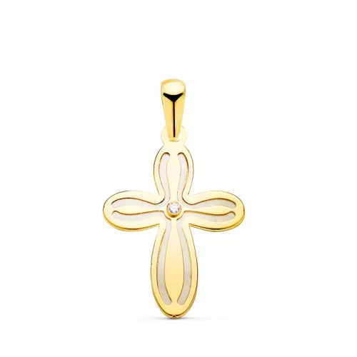 18K CRUZ ORO AMARILLO CON NACAR Y CIRCONITA 20 X 14 MM 0