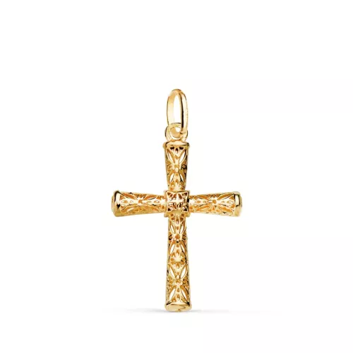 18K CRUZ ORO AMARILLO CALADA DETALLES FILIGRANA TUBO OVAL. MEDIDA: 22 X 15 MM. 0