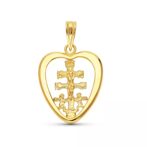 18K COLGANTE CRUZ CORAZON CARAVACA ORO AMARILLO 20X16 MM 1