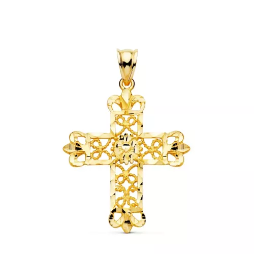 18K CRUZ ORO AMARILLO FILIGRANA BORDES TALLADOS. 35X29 MM 3,65gr