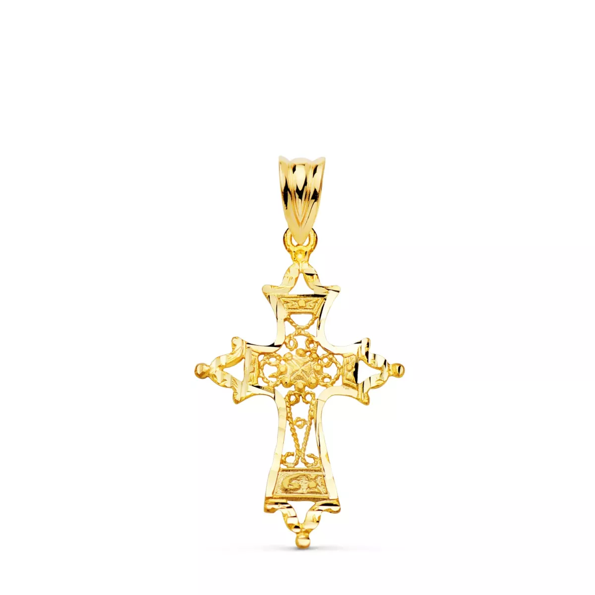 18K CRUZ ORO AMARILLO FILIGRANA BORDES TALLADOS. 30X20 MM 1