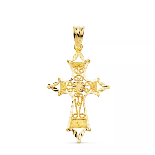 18K CRUZ ORO AMARILLO FILIGRANA BORDES TALLADOS. 37X25 MM 2