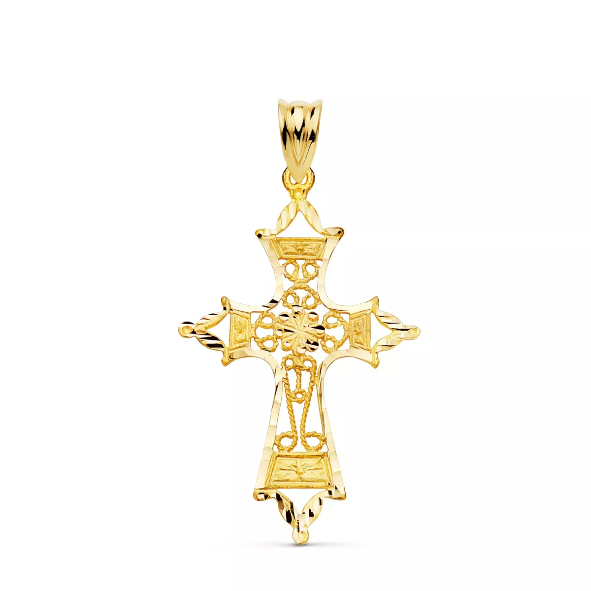 18K CRUZ ORO AMARILLO FILIGRANA BORDES TALLADOS. 37X25 MM 2
