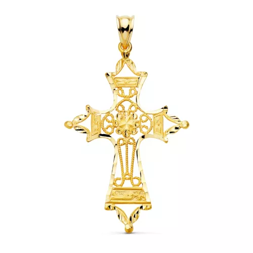 18K CRUZ ORO AMARILLO FILIGRANA BORDES TALLADOS. 46X30 MM 3