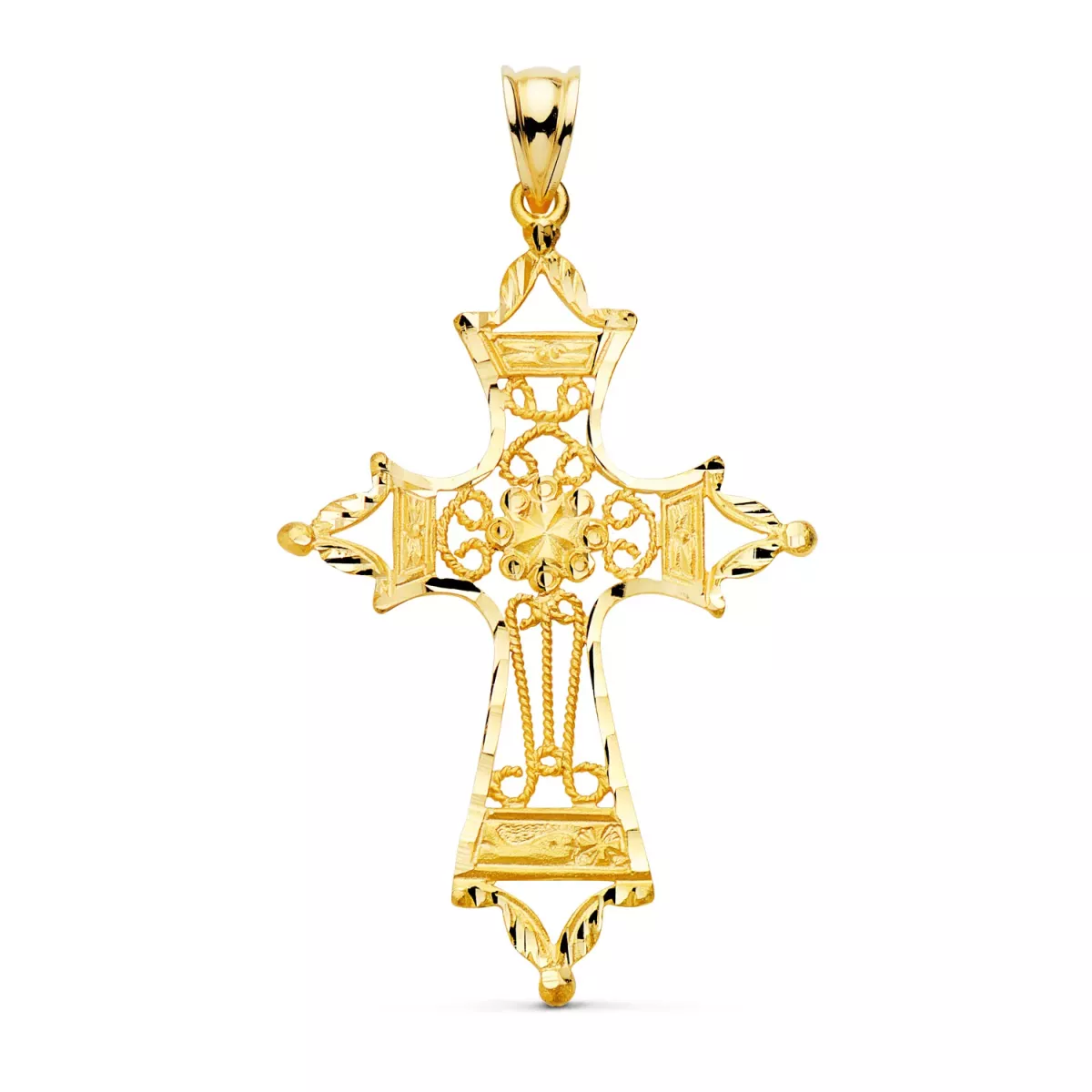 18K CRUZ ORO AMARILLO FILIGRANA BORDES TALLADOS. 46X30 MM 3