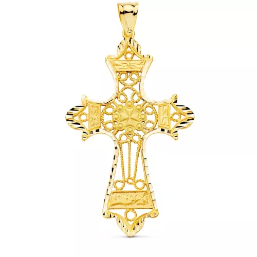 18K CRUZ ORO AMARILLO FILIGRANA BORDES TALLADOS. 60X37 MM 8