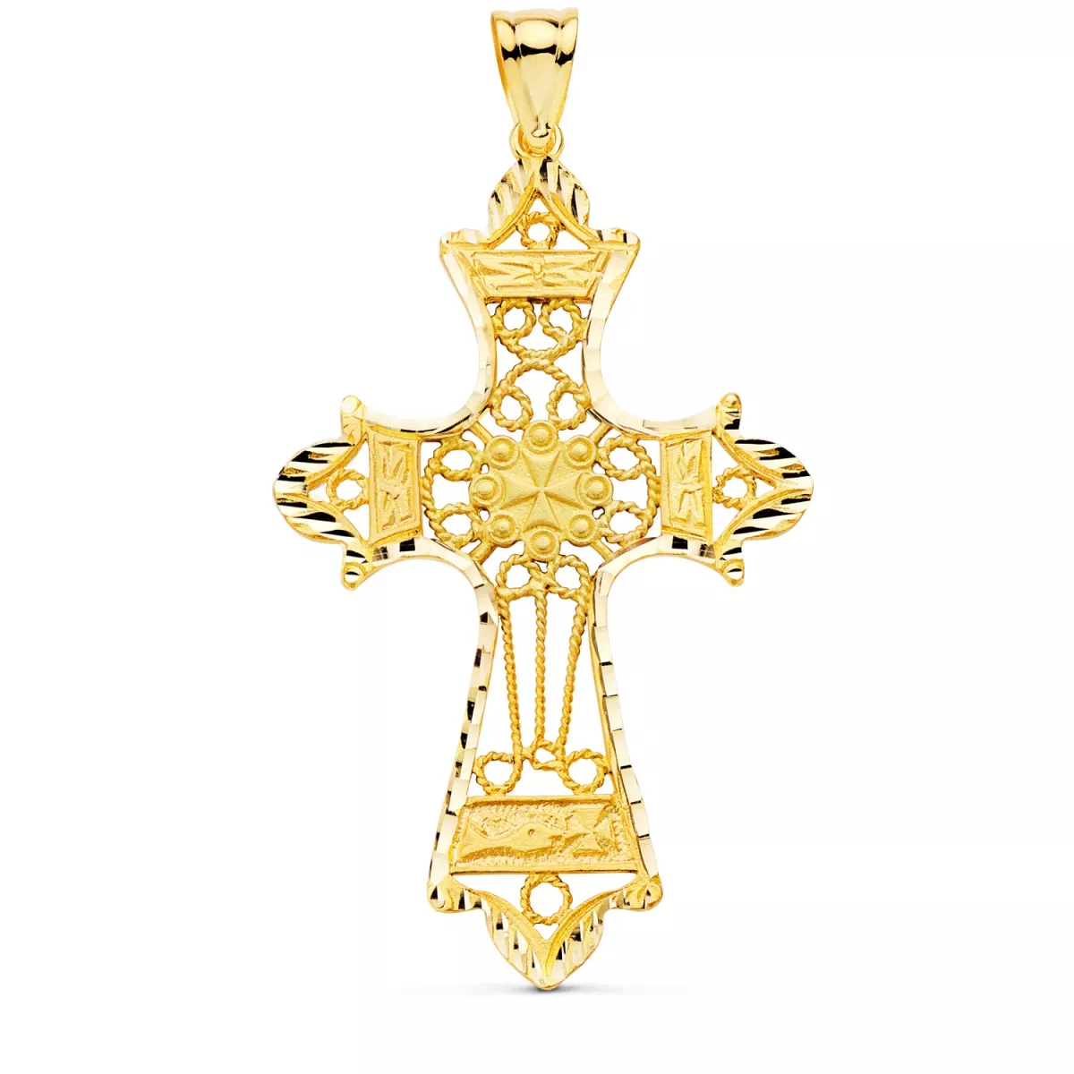 18K CRUZ ORO AMARILLO FILIGRANA BORDES TALLADOS. 60X37 MM 8