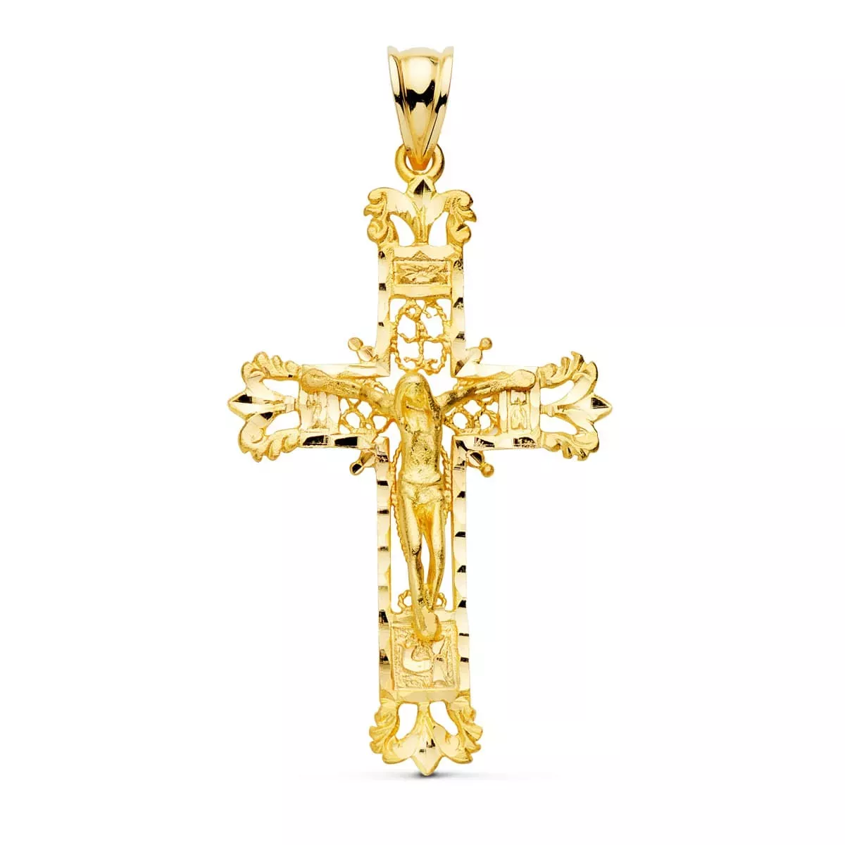 18K CRUZ ORO AMARILLO FILIGRANA CON CRISTO TALLADA 42X27 MM 4