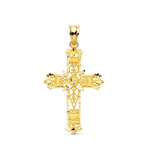 18K CRUZ ORO AMARILLO FILIGRANA BORDES TALLADOS. 37X25 MM 2