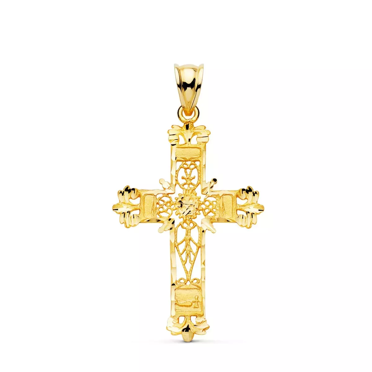18K CRUZ ORO AMARILLO FILIGRANA BORDES TALLADOS. 37X25 MM 2
