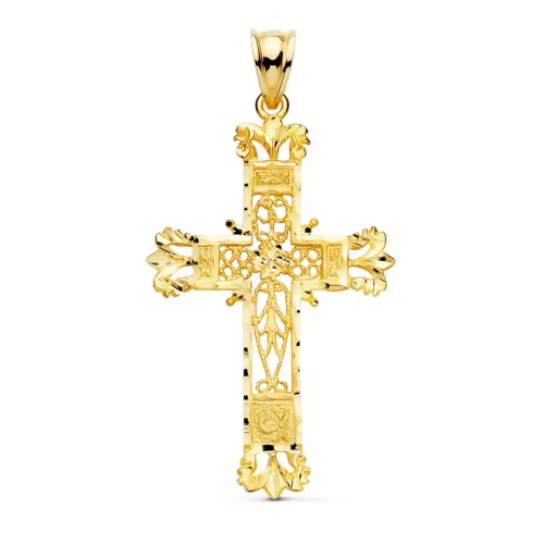 18K CRUZ ORO AMARILLO FILIGRANA BORDES TALLADOS. 44X28 MM 3