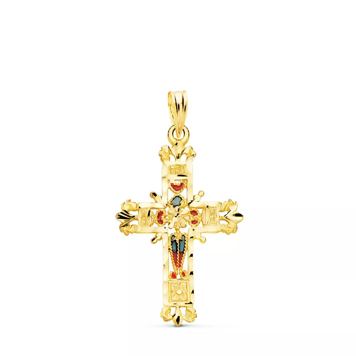 18K CRUZ ORO AMARILLO VIDRIERA CATEDRAL BORDES TALLADOS. 30X20 MM 1