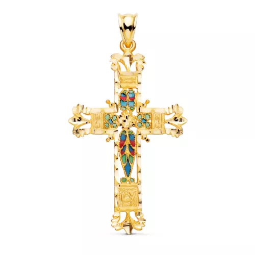 18K CRUZ ORO AMARILLO VIDRIERA CATEDRAL BORDES TALLADOS. 40X25 MM 2