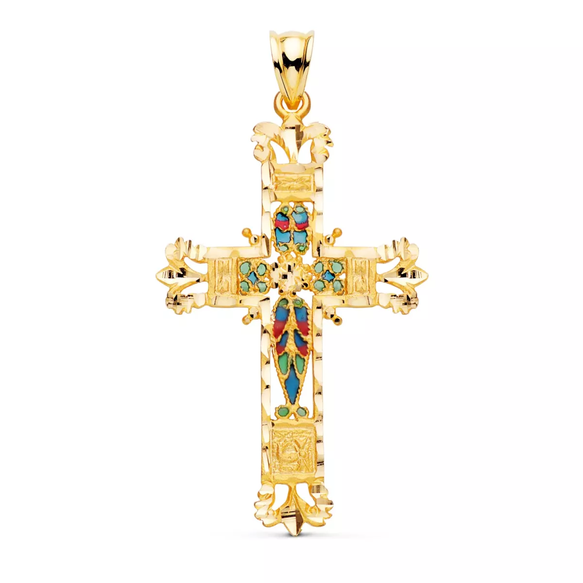 18K CRUZ ORO AMARILLO VIDRIERA CATEDRAL BORDES TALLADOS. 40X25 MM 2