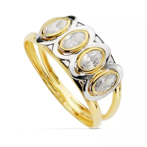 18K SORTIJA ORO BICOLOR DOBLE CUERPO CON CIRCONITAS BLANCAS OVALES. ANCHO: 9