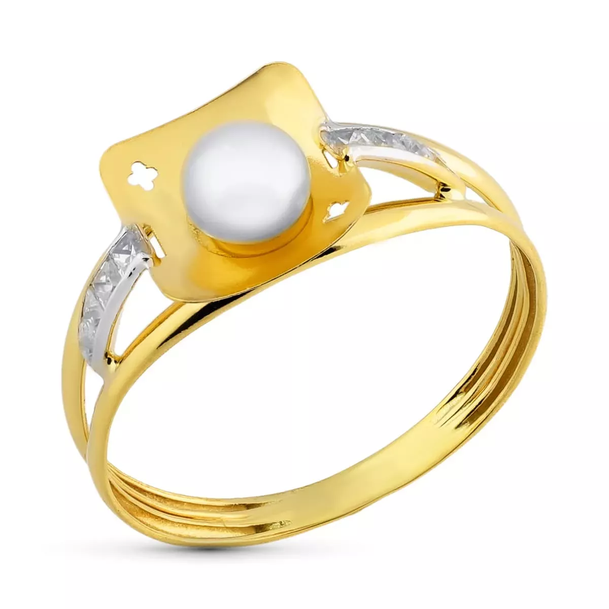 18K SORTIJA ORO BICOLOR MOTIVO CUADRADO CON PERLA 4