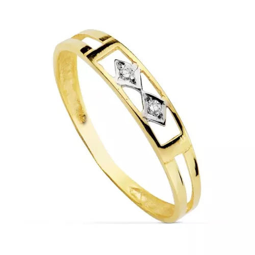 18K SORTIJA ORO BICOLOR CALADA CON ROMBOS Y CIRCONITAS. ANCHO: 3