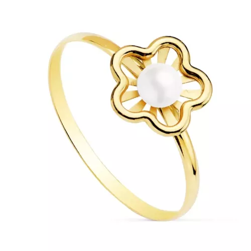 18K SORTIJA ORO AMARILLO FLOR CALADA CON PERLA DE 3 MM. ANCHO: 8 MM 0