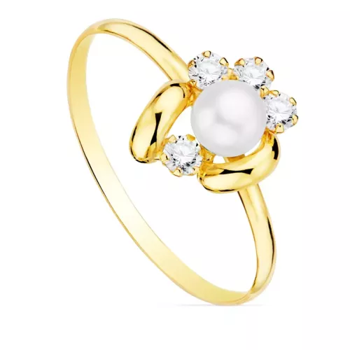 18K SORTIJA ORO AMARILLO COMUNION FLOR 11X9 MM ANCHO CUERPO 1.2 MM PERLA 5 MM 1