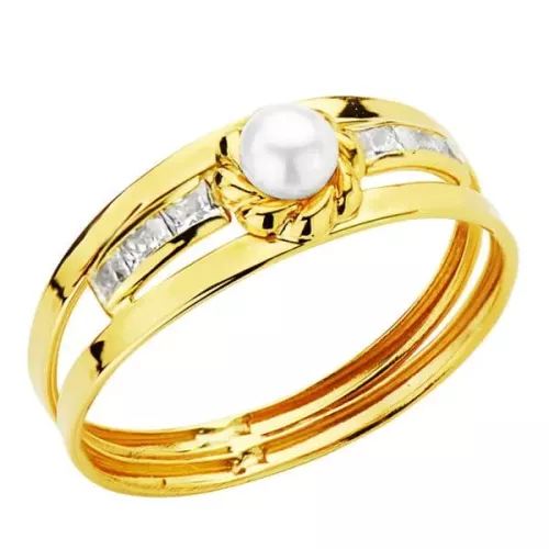 18K SORTIJA ORO AMARILLO DOBLE CUERPO CON PERLA DE 3 MM Y CIRCONITAS EN CARRIL. ANCHO: 6 MM 1