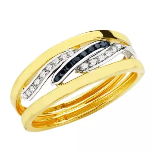 9K SORTIJA ORO BICOLOR BANDAS CON CIRCONITA BLANCAS Y AZULES. ANCHO: 6