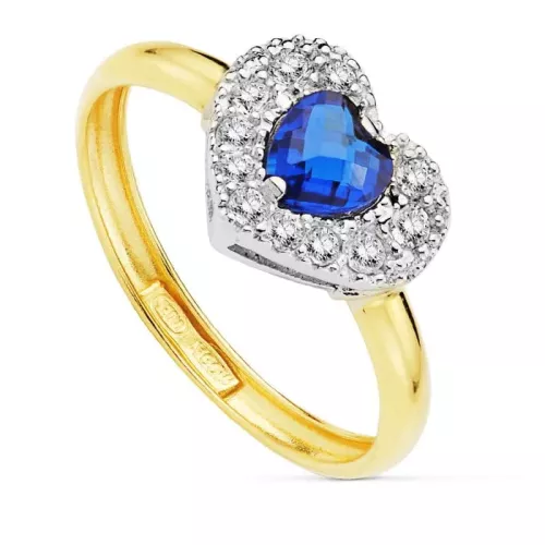 9K SORTIJA ORO BICOLOR CON CIRCONITA AZUL CORAZON Y CIRCONITAS. MEDIDA: 12X 10MM 1