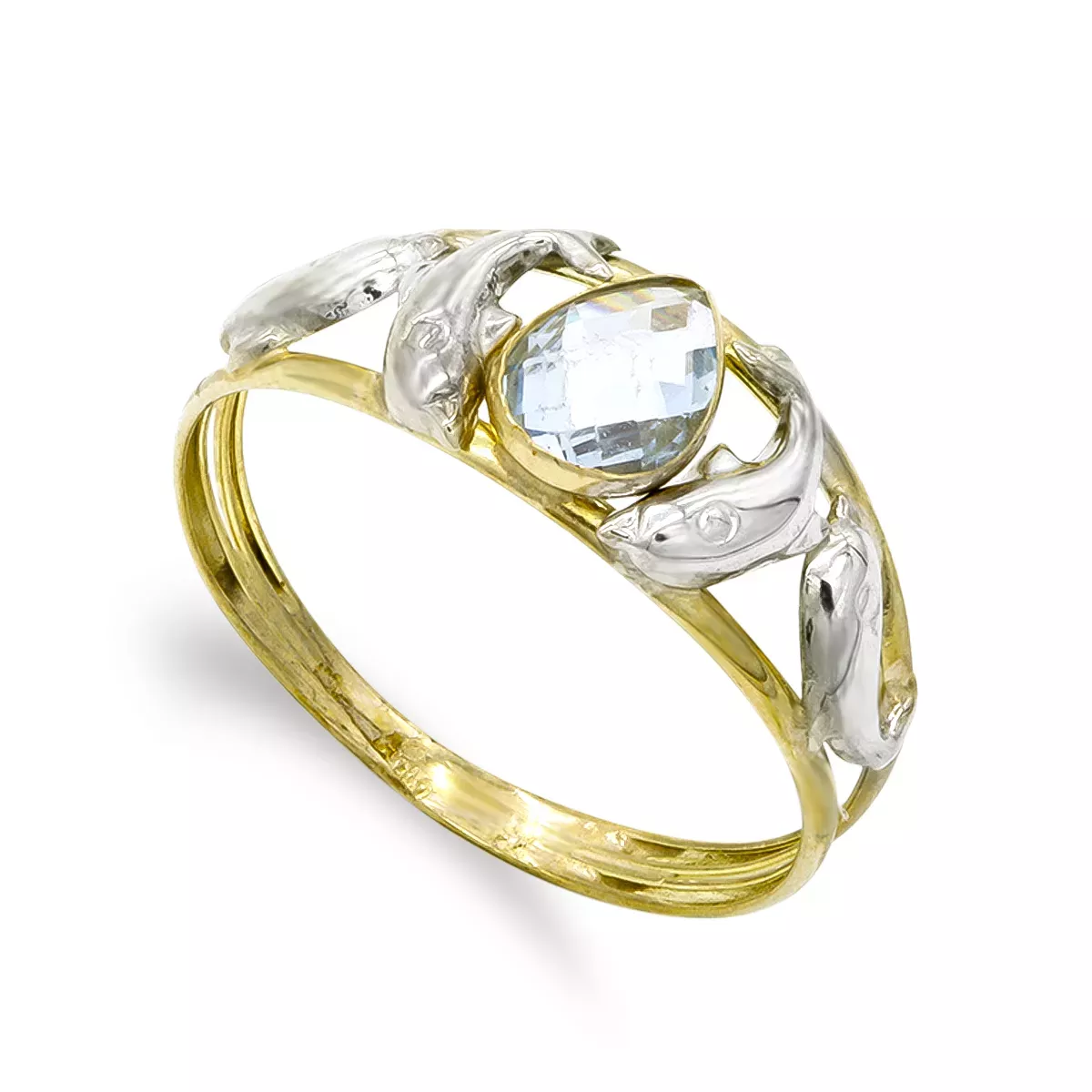 9K SORTIJA ORO BICOLOR DOBLE CUERPO DELFINES CON CIRCONITA AGUAMARINA. ANCHO: 8