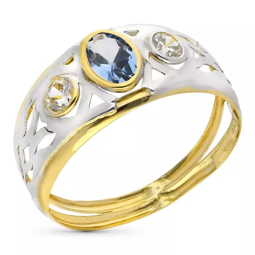 9K SORTIJA ORO BICOLOR DOBLE CUERPO CON CIRCONITA AGUAMARINA OVAL. ANCHO: 9 MM 1
