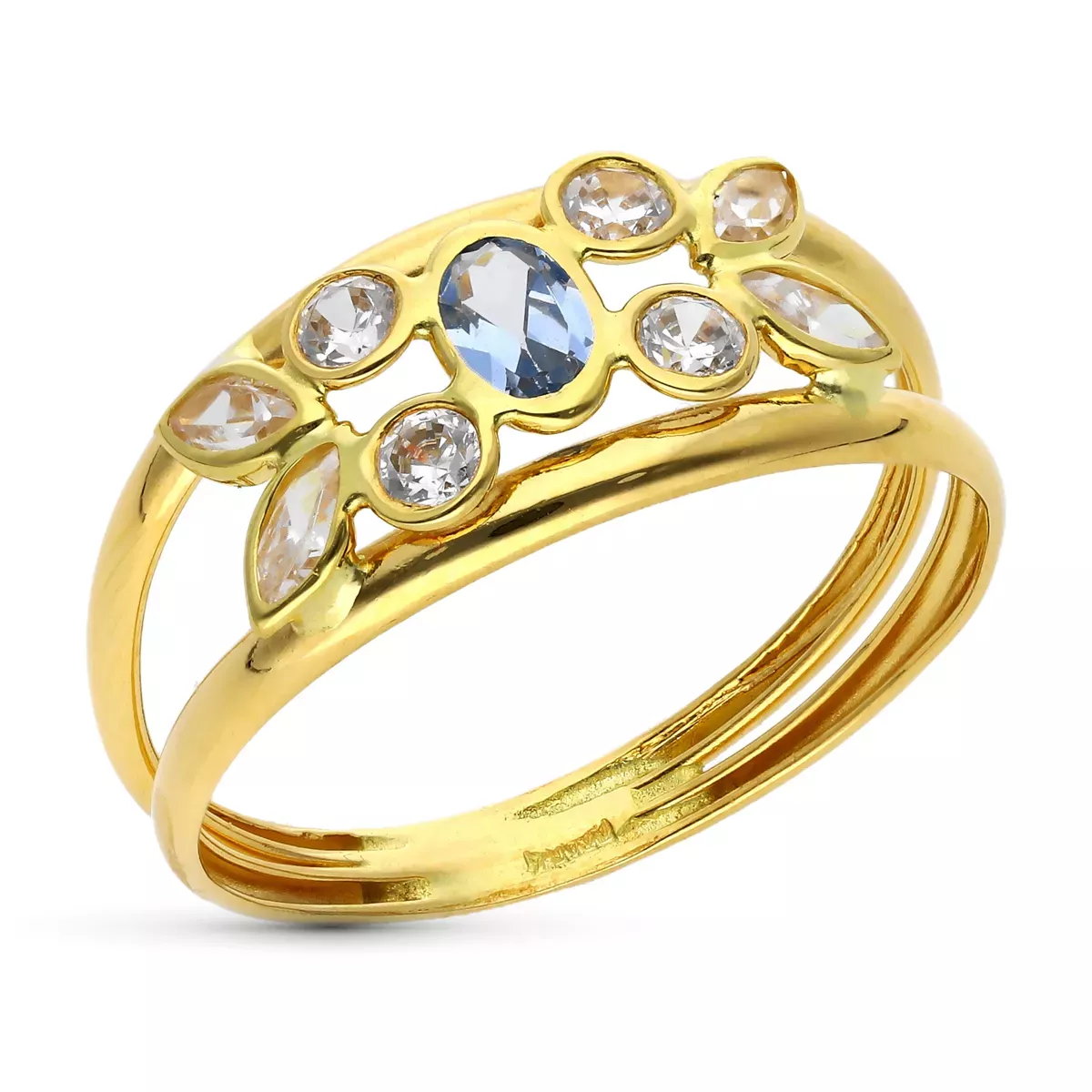9K SORTIJA ORO AMARILLO DOBLE CUERPO CON AGUAMARINA Y CIRCONITAS. ANCHO 8 MM 1