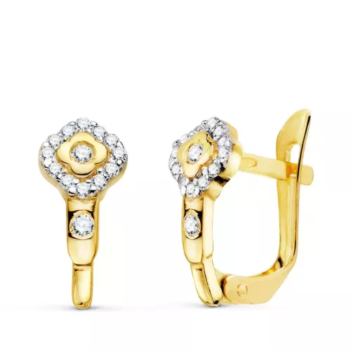 18K PENDIENTES ORO BICOLOR ROMBO CON CIRCONITA 13X6 MM CIERRE CATALAN 1