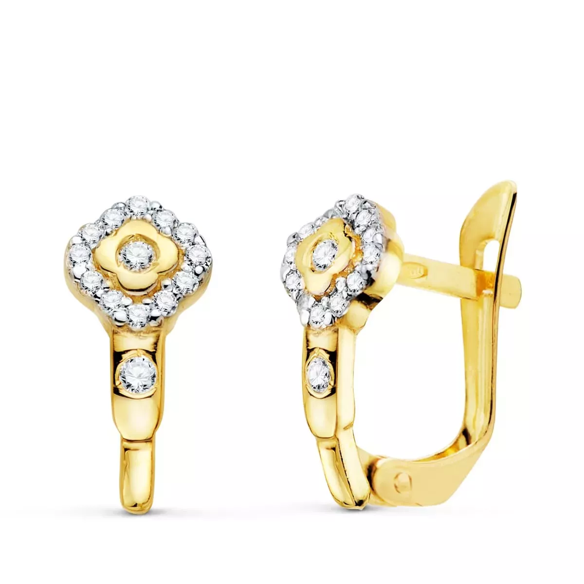 18K PENDIENTES ORO BICOLOR ROMBO CON CIRCONITA 13X6 MM CIERRE CATALAN 1