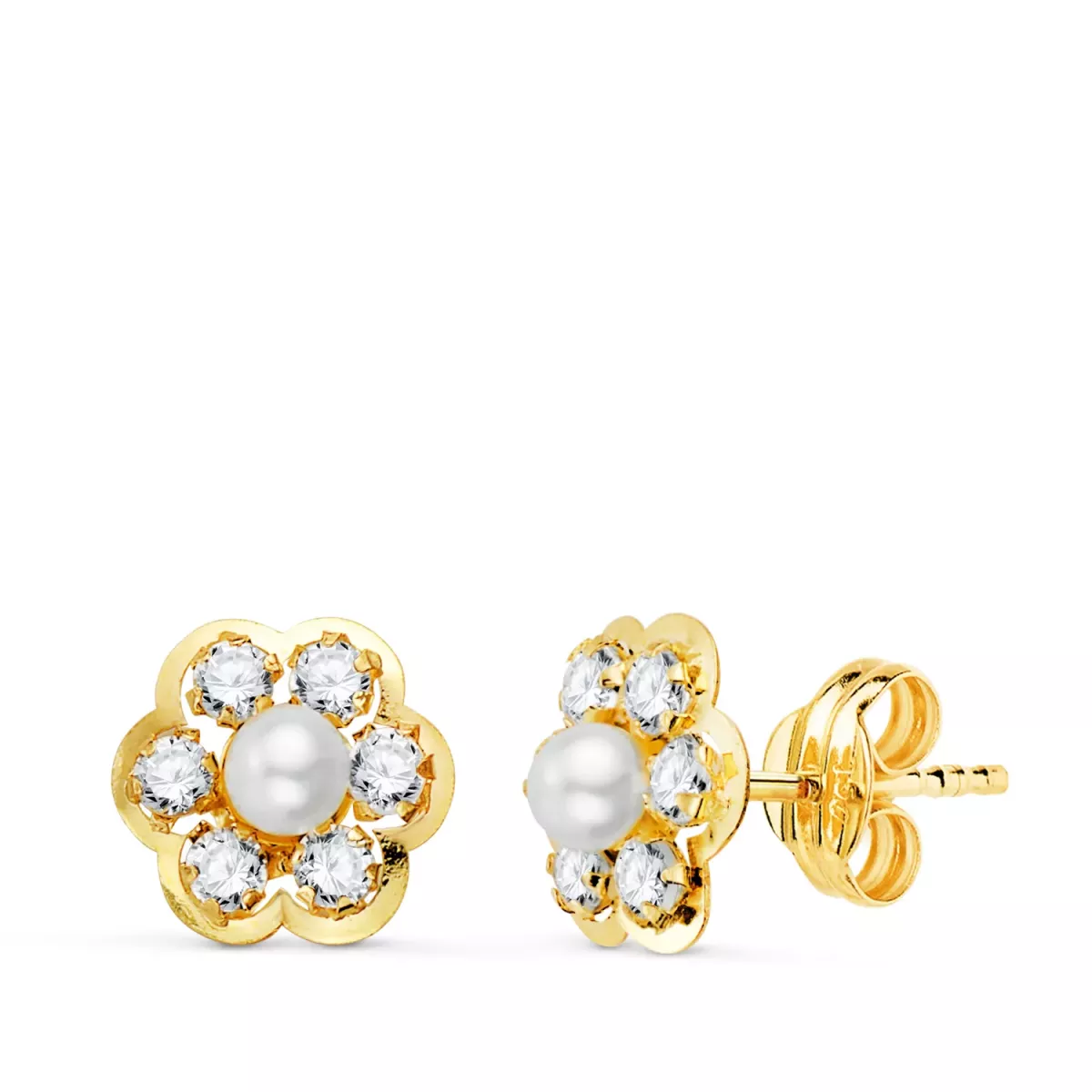 18K PENDIENTES ORO AMARILLO FLOR CON PERLAS 3MM Y CIRCONITAS 8