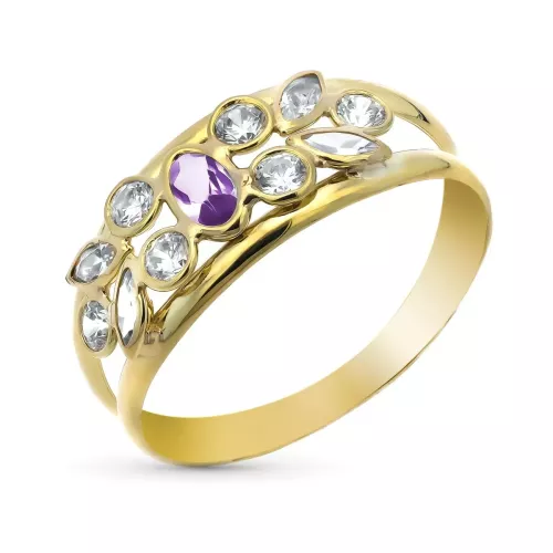 9K SORTIJA ORO AMARILLO DOBLE CUERPO CON AMATISTA Y CIRCONITAS. ANCHO 8 MM 1