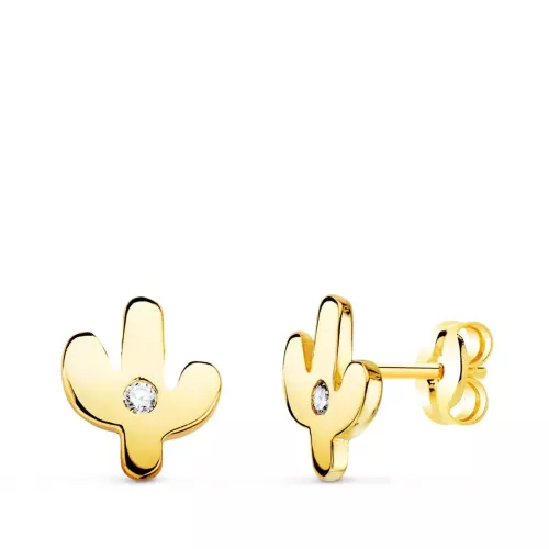 18K PENDIENTES ORO AMARILLO CACTUS MINI CON CIRCONITA 6X5 MM CIERRE PRESION 0
