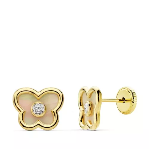 18K PENDIENTES ORO AMARILLO MARIPOSA CON NACAR 8X7 MM. CIERRE TUERCA 0