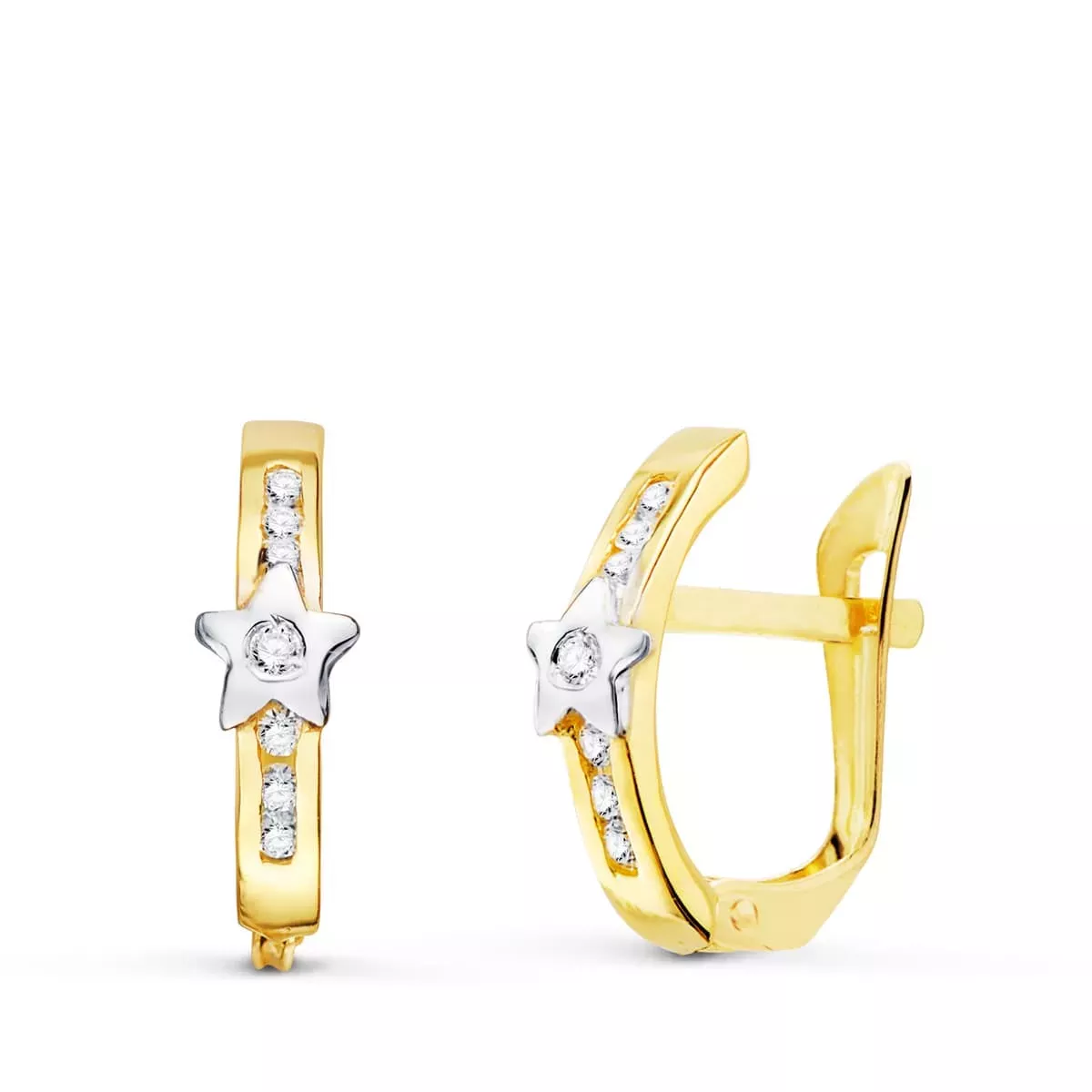 18K PENDIENTES ORO BICOLOR ESTRELLAS Y CIRCONITA 13X3 MM CIERRE CATALAN 1