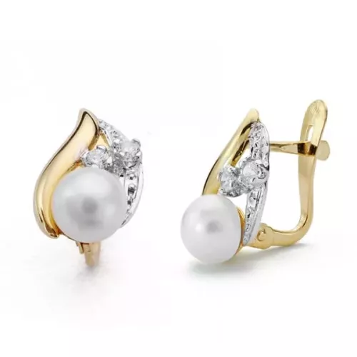 18K PENDIENTES ORO BICOLOR COMUNION. PERLA CIRCONITA 12X7 MM CIERRE CATALAN 1