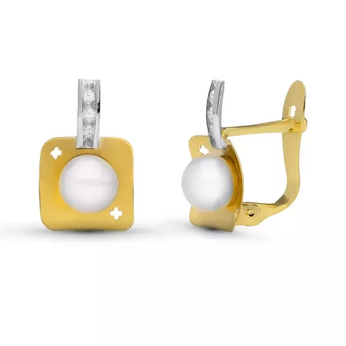 18K PENDIENTES ORO BICOLOR PERLA 12X8 MM CIERRE CATALAN 1