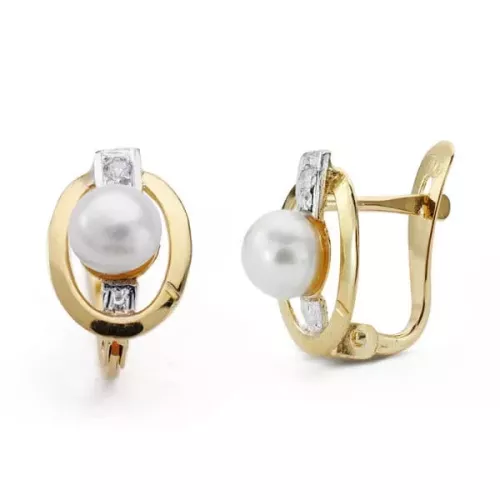 18K PENDIENTES ORO BICOLOR COMUNION PERLA CIRCONITA 10X7 MM CIERRE CATALAN 1