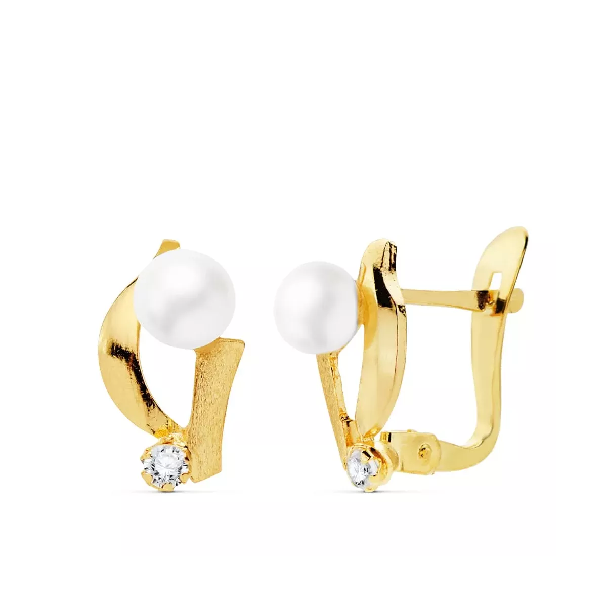 18K PENDIENTES ORO AMARILLO OCIRCONITA 11X7 MM PERLAS 4 MM CIERRE CATALAN 1