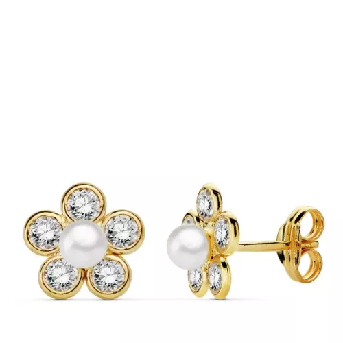 18K PENDIENTES ORO AMARILLO FLOR CIRCONITA 9X9 MM CIERRE PRESION 0