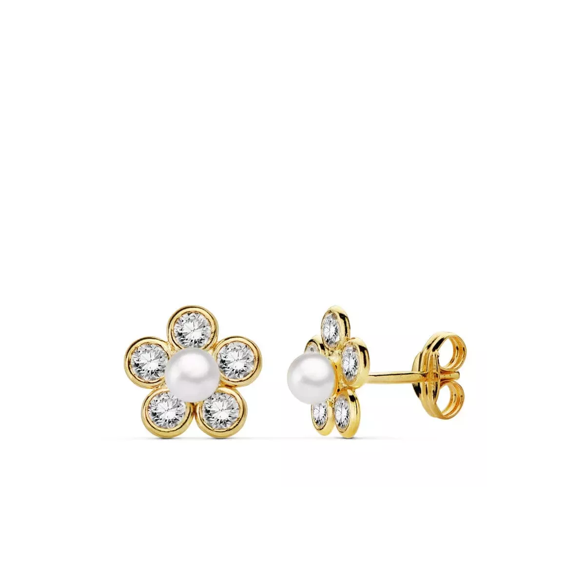 18K PENDIENTES ORO AMARILLO FLOR CIRCONITA 9X9 MM CIERRE PRESION 0