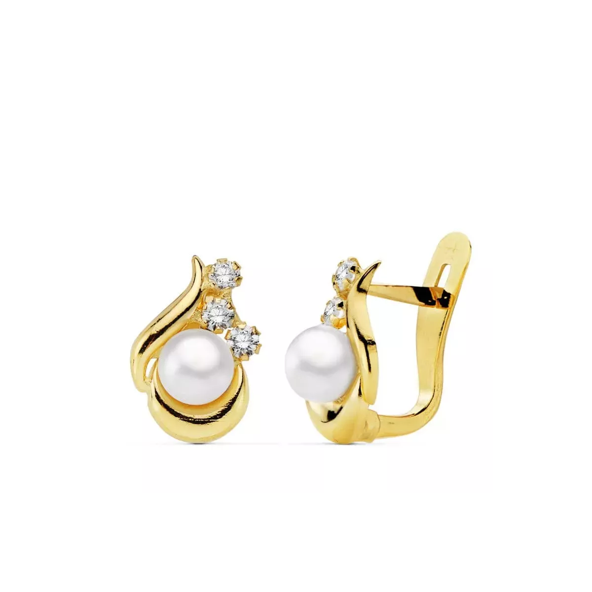 18K PENDIENTES ORO AMARILLO PERLA Y CIRCONITA 11X8 MM CIERRE CATALAN 1