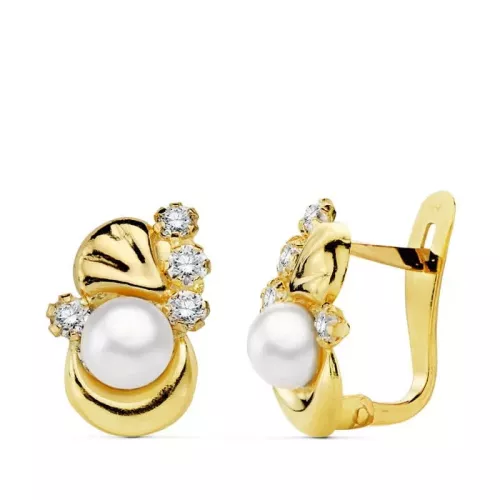 18K PENDIENTES ORO AMARILLO PERLA Y CIRCONITA 12X8 MM CIERRE CATALAN 1