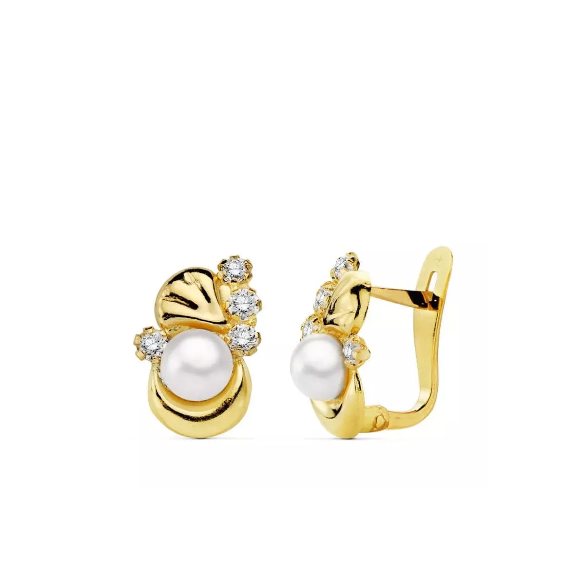 18K PENDIENTES ORO AMARILLO PERLA Y CIRCONITA 12X8 MM CIERRE CATALAN 1